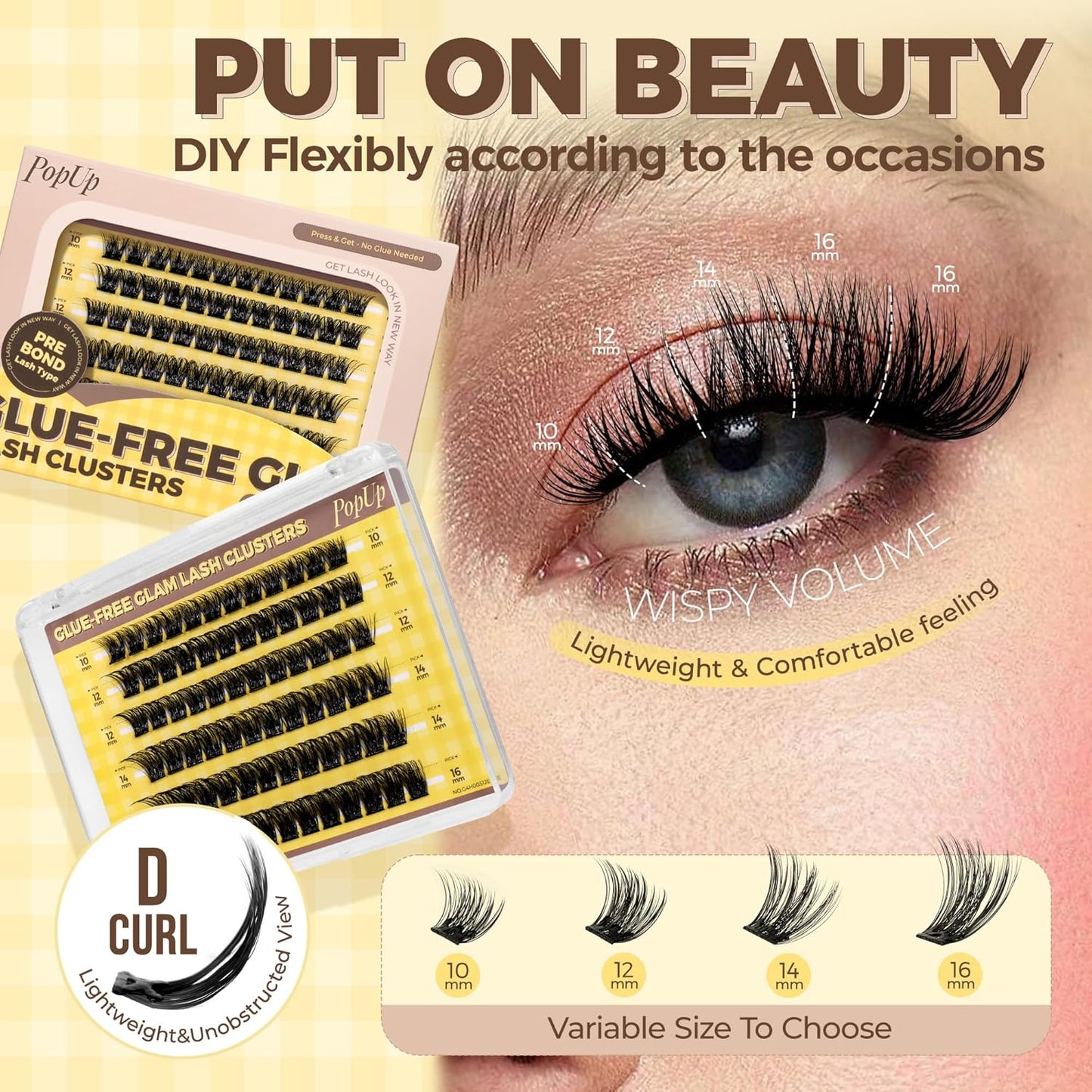 PopUp Self Adhesive Eyelashes Clusters, Press On Lashes Pre Glued Eyelash Extension Kit with Lash Tweezer,10-16mm No Glue No Remover Needed Self Adhesive Lashes Clusters ZNF23-FemmiqueWomen