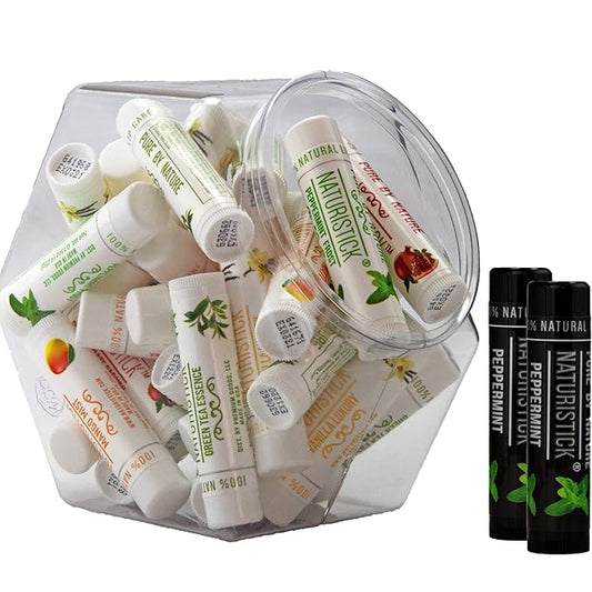 32-Pack Lip Balm in Bulk by Naturistick. Assorted Scents. 100% Natural Ingredients. Includes Mini Display Fishbowl. Best Beeswax Chapstick for Dry, Chapped Lips. Made in USA-FemmiqueWomen