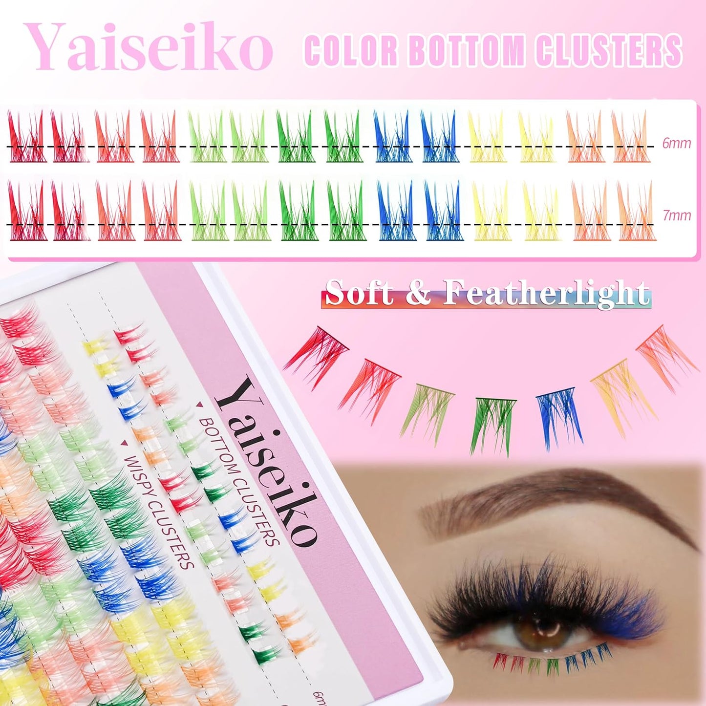 Wispy Colored Lash Clusters with Bottom Lashes Individual Lashes D Curl 8-16mm Mixed 7 Colors Rainbow DIY Eyelash Extension Colorful Cluster Lashes Pack by Yaiseiko-FemmiqueWomen