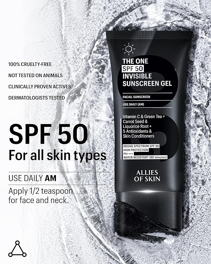 Allies of Skin Daily Face Sunscreen SPF 50 | Zero White Cast Lightweight Gel Formula | Dermatologist Tested Under Makeup Primer| Water-Resistant & PA++++ Broad Spectrum UVA/UVB (1.7 oz)-FemmiqueWomen
