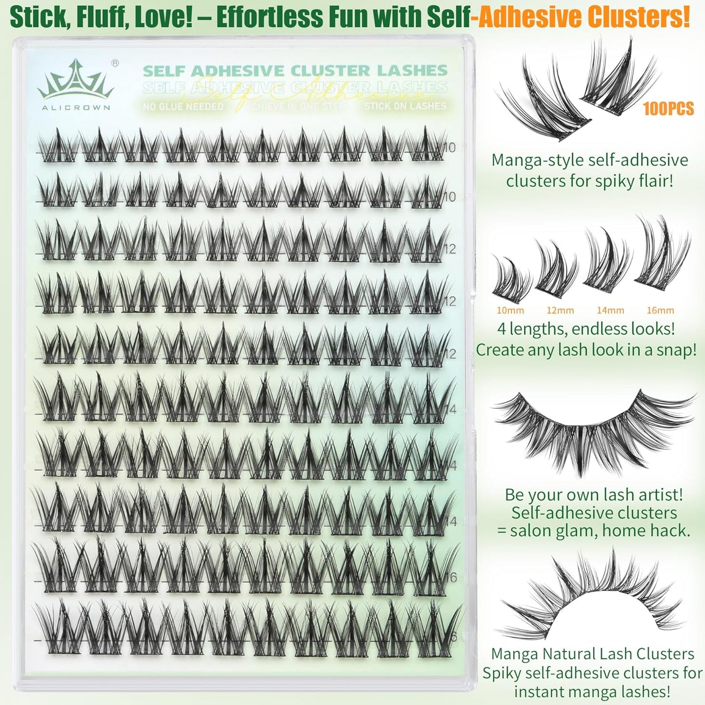 Self Adhesive Eyelashes Manga Lash Clusters 10MM-16MM No Glue Needed Eyelash Clusters Wispy Self Adhesive Lash Extensions Spiky Pre Glued Eyelash Extensions 100Pcs-FemmiqueWomen