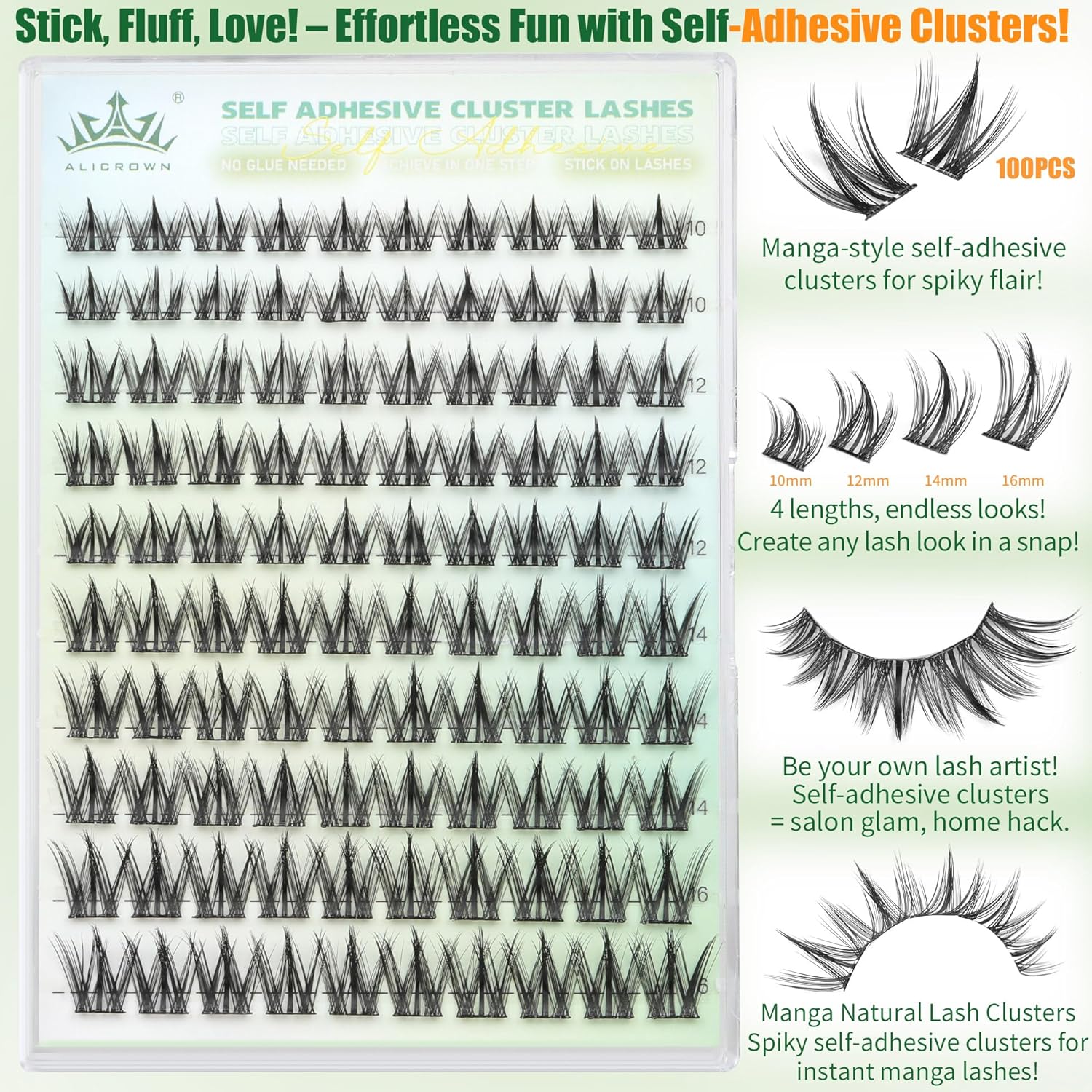 Self Adhesive Eyelashes Manga Lash Clusters 10MM-16MM No Glue Needed Eyelash Clusters Wispy Self Adhesive Lash Extensions Spiky Pre Glued Eyelash Extensions 100Pcs-FemmiqueWomen