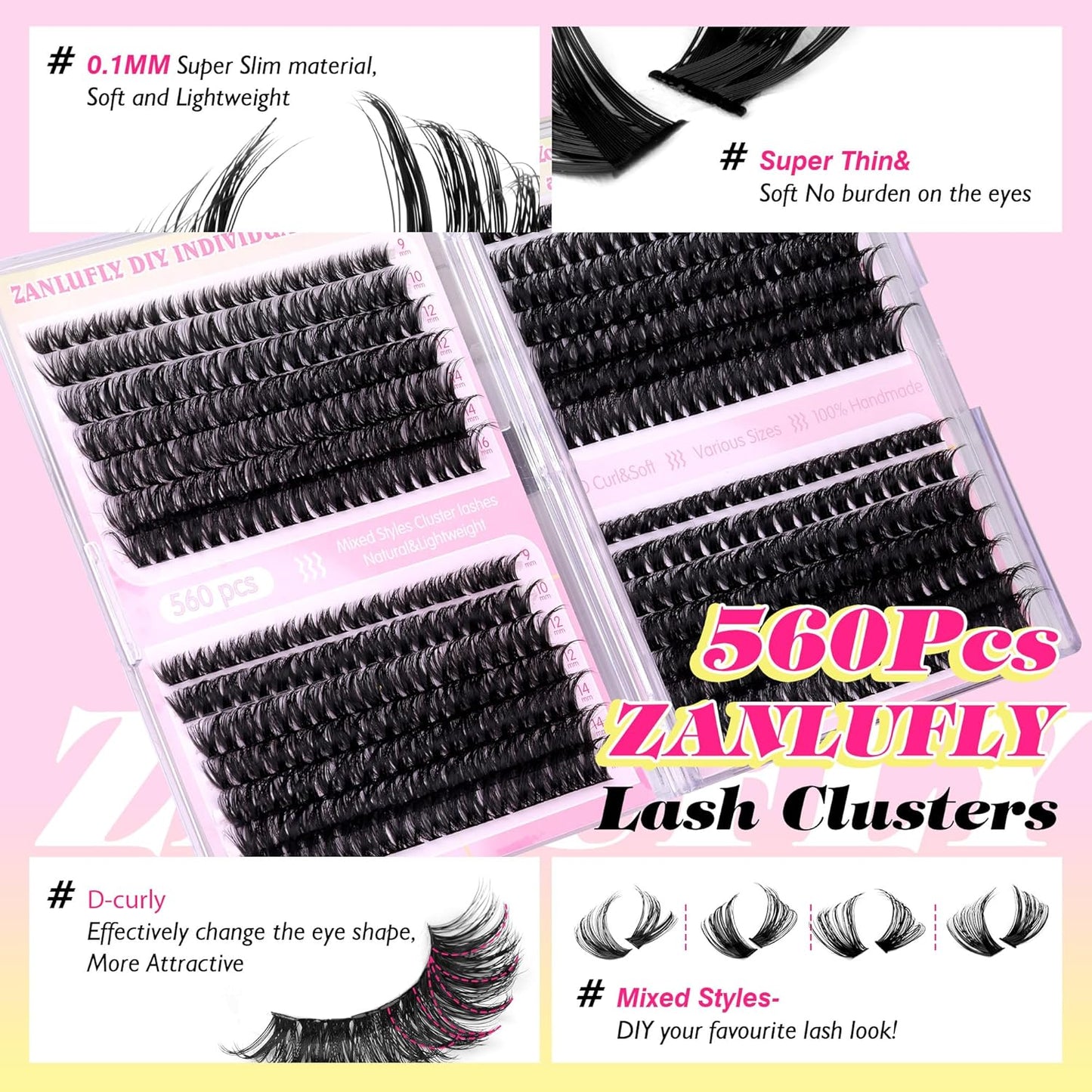 Lash Clusters D-Curly Individual Lashes Volume Eyelash Clusters Bulk zanlufly Thick Lash Extension 560Pcs Natural DIY Eyelash Extension (9-16MM,60D+70D+80D+100D)-FemmiqueWomen
