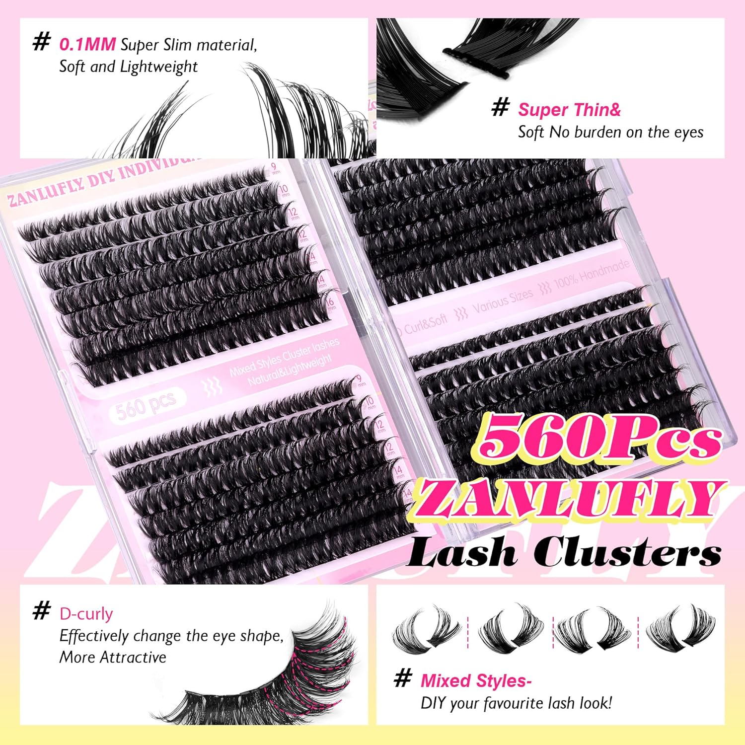 Lash Clusters D-Curly Individual Lashes Volume Eyelash Clusters Bulk zanlufly Thick Lash Extension 560Pcs Natural DIY Eyelash Extension (9-16MM,60D+70D+80D+100D)-FemmiqueWomen