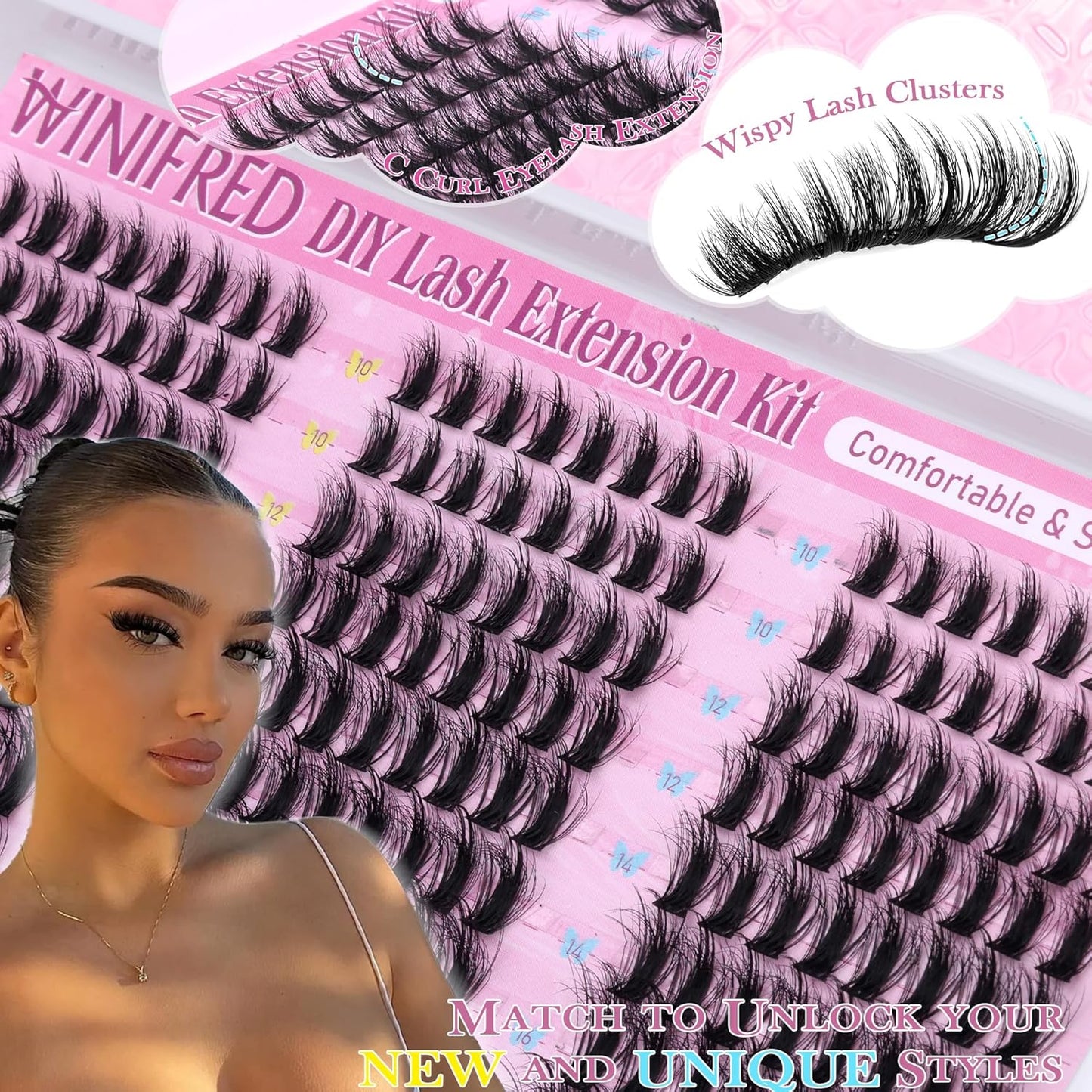 Winifred Wispy Lash Clusters Kit Fluffy Eyelash Extension Kit Manga Eyelash Clusters C Curl Volume Cluster Eyelash Extensions Kit DIY Individual Lashes with Lash Bond and Seal Tweezers (10-18mm)-FemmiqueWomen