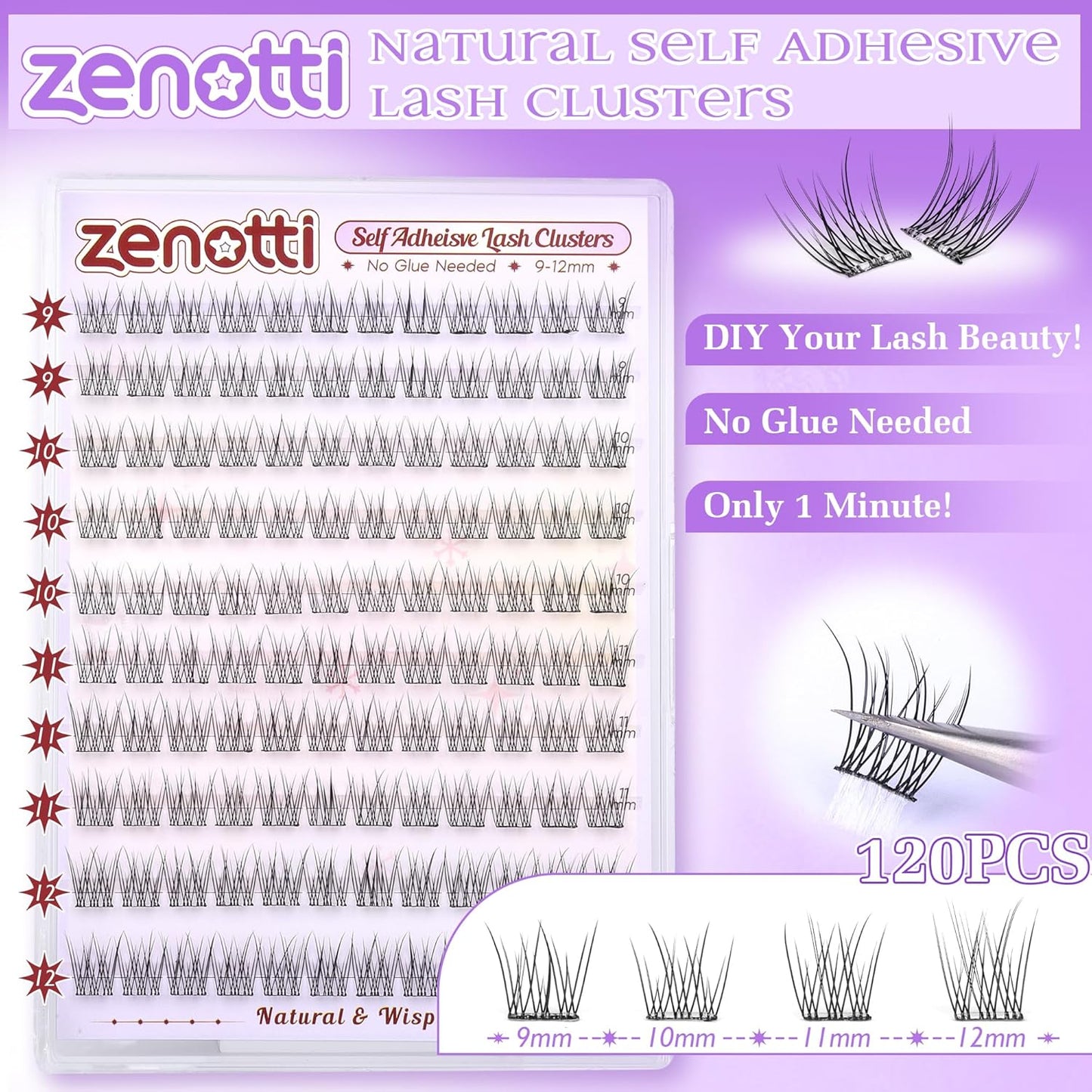 Natural Self Adhesive Clusters Lashes No Glue Self Adhesive Wispy Cluster Eyelashes Extensions Pre-glued Lashes Cluster Reusable C-Curly Individual Lashes 9-12mm Press on Lash by zenotti-FemmiqueWomen