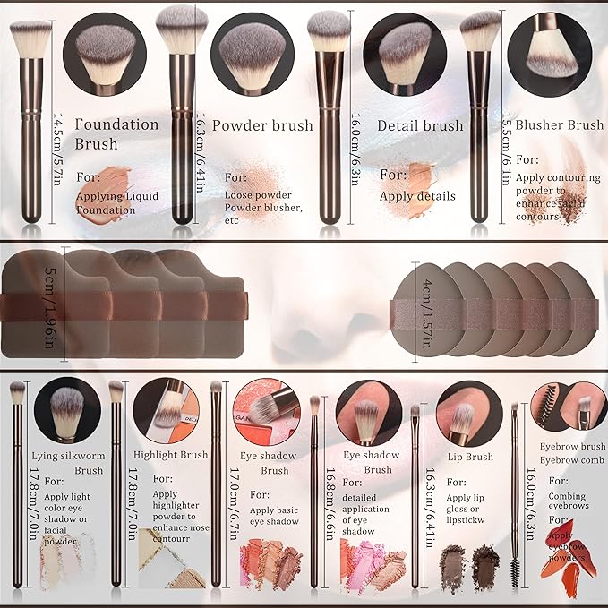 10 Piece Black brown Makeup Brushes and 10 Piece Makeup Sponge – Wooden Handle,with Soft Synthetic Bristles,|Professional Makeup Brushes set for Women & Girls|-FemmiqueWomen