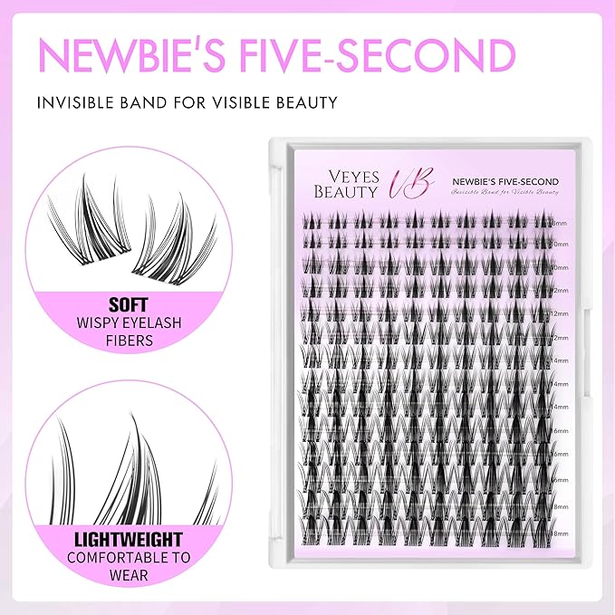 VEYESBEAUTY Lash Clusters Eyelash Extensions Thin & Invisible Band DIY Individual False Eyelashes Newbie's Five-Second Series Wispy Lash Tray for Self-application, Manga Lashes 8-18mm Mixed Length-FemmiqueWomen