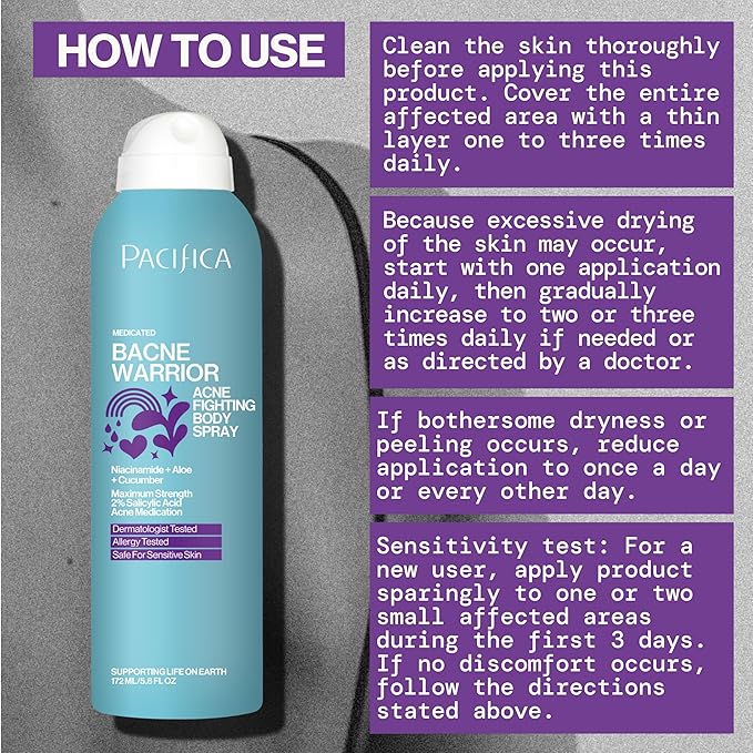 Pacifica Bacne Acne Cleanser Spray - Bacne Warrior - Body Spray for Acne Treatment - w/ 2% Salicylic Acid Niacinamide & Aloe - for Body, Chest & Back Acne for Teens & Adults Vegan Dermatologist Tested-FemmiqueWomen