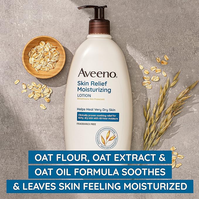 Aveeno Skin Relief Fragrance-Free Moisturizing Lotion for Sensitive Skin, with Natural Shea Butter & Triple Oat Complex, Unscented Therapeutic Body Lotion for Itchy, Extra-Dry Skin, 18 fl. oz-FemmiqueWomen