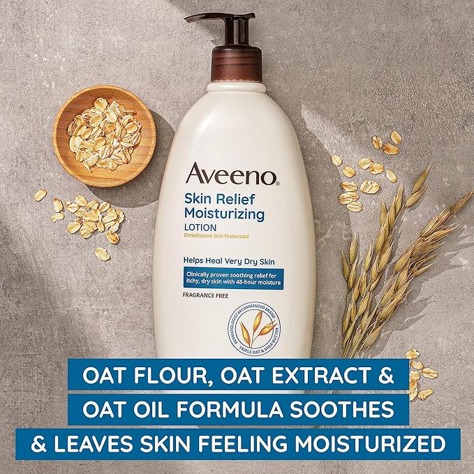 Aveeno Skin Relief Moisturizing Lotion for Very Dry, Itchy Skin with Soothing Triple Oat & Shea Butter Formula, Fragrance Free, 12 Fl. Oz-FemmiqueWomen
