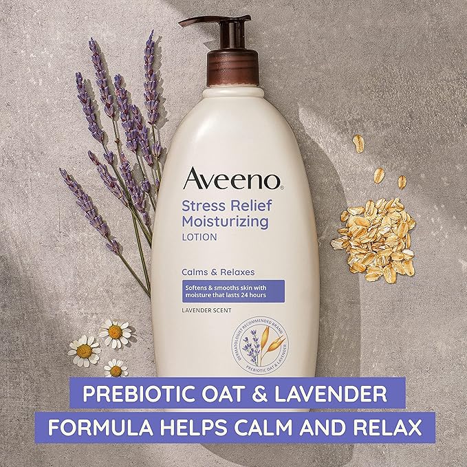 Aveeno Stress Relief Moisturizing Body Lotion with Lavender Scent, Natural Oatmeal to Calm & Relax, Non-Greasy Daily Stress Relief Lotion, 18 fl. oz (Pack of 3)-FemmiqueWomen