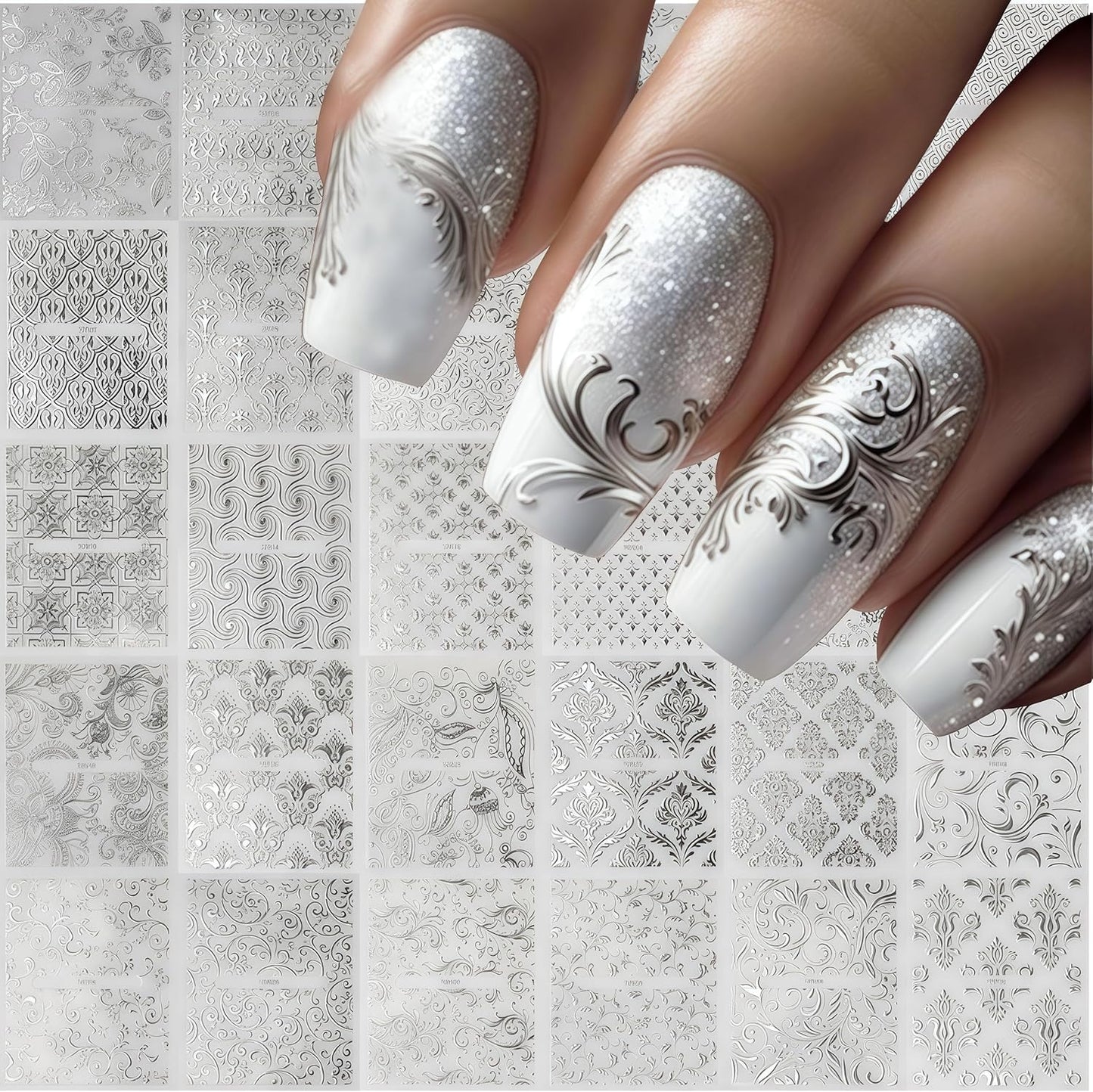 30 Sheets Silver Lace Nail Art Stickers 3D Self-Adhesive Silver Hollow Retro Floral Vine Design Decals for Women Spring Summer Manicure Slider Decorations-FemmiqueWomen