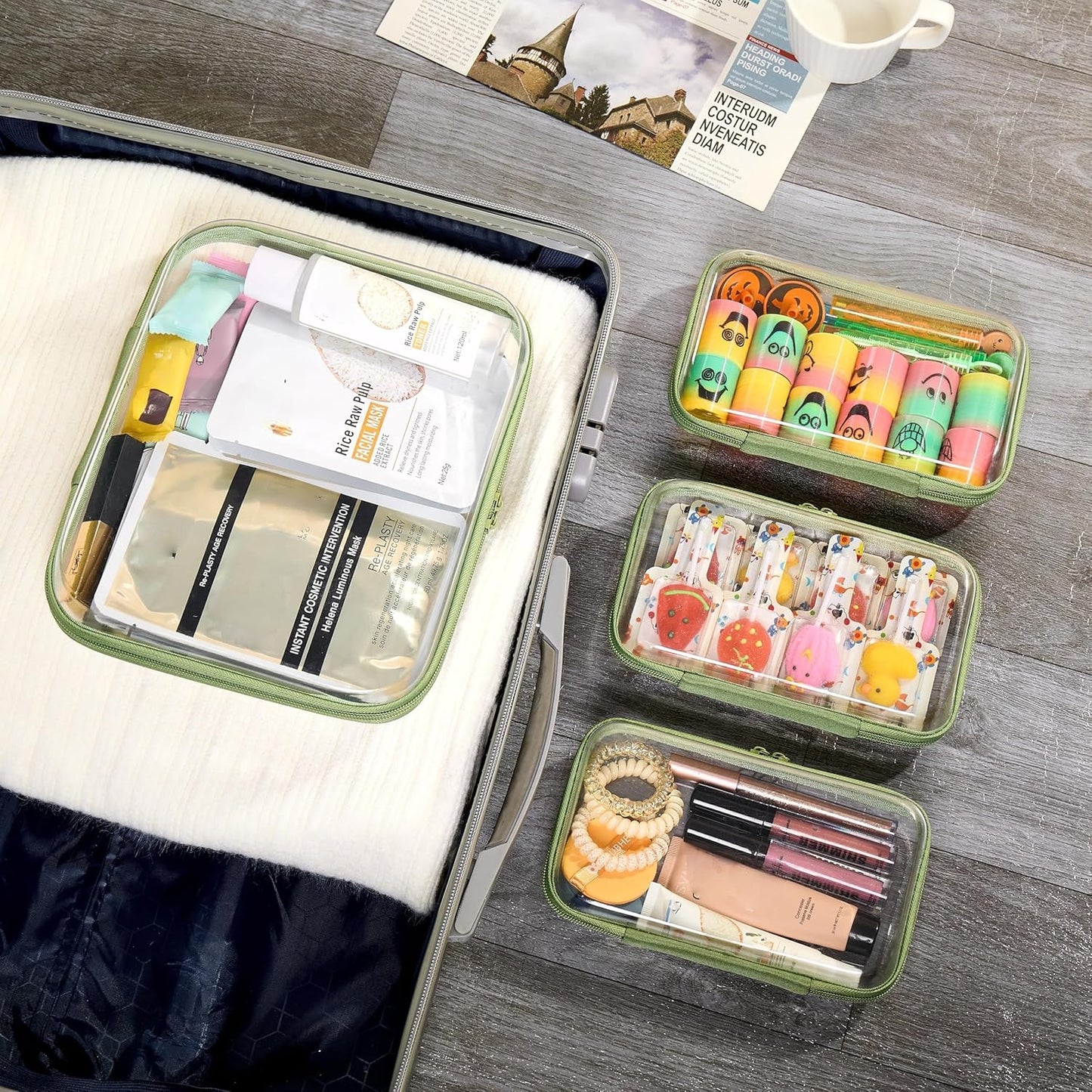 4 pcs Clear Zipper Pouches,Hard Shell Zipper Case, Toiletry Bag for Travel, CLear Diaper Bag, Toiletry Pouch, Travel Organizer, Clear Cosmetic Bag,Toy Storage Bins (M+3S) (Mint Green)-FemmiqueWomen