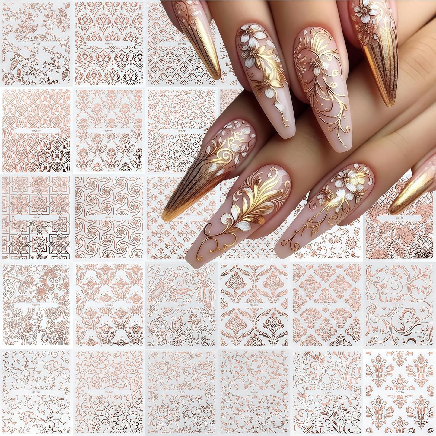 30 Sheets Lace Flower Nail Art Sticker 3D Self-Adhesive Hollow Rose Golden Lace Floral Vine Decals Irregular Geometric Manicure Sliders for Spring Summer Women Acrylic Nail Decorations-FemmiqueWomen