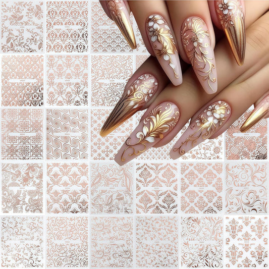 30 Sheets Lace Flower Nail Art Sticker 3D Self-Adhesive Hollow Rose Golden Lace Floral Vine Decals Irregular Geometric Manicure Sliders for Spring Summer Women Acrylic Nail Decorations-FemmiqueWomen