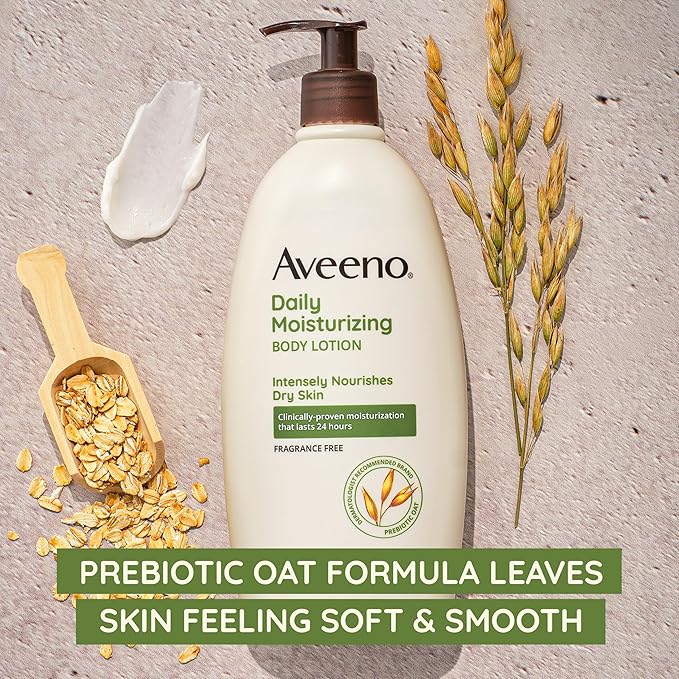 Aveeno Daily Moisturizing Body Lotion, Body Lotion for Dry Skin with Prebiotic Oat, Paraben Free, Fragrance Free, Non-Greasy, Non-Comedogenic Moisturizer, 8 FL OZ-FemmiqueWomen